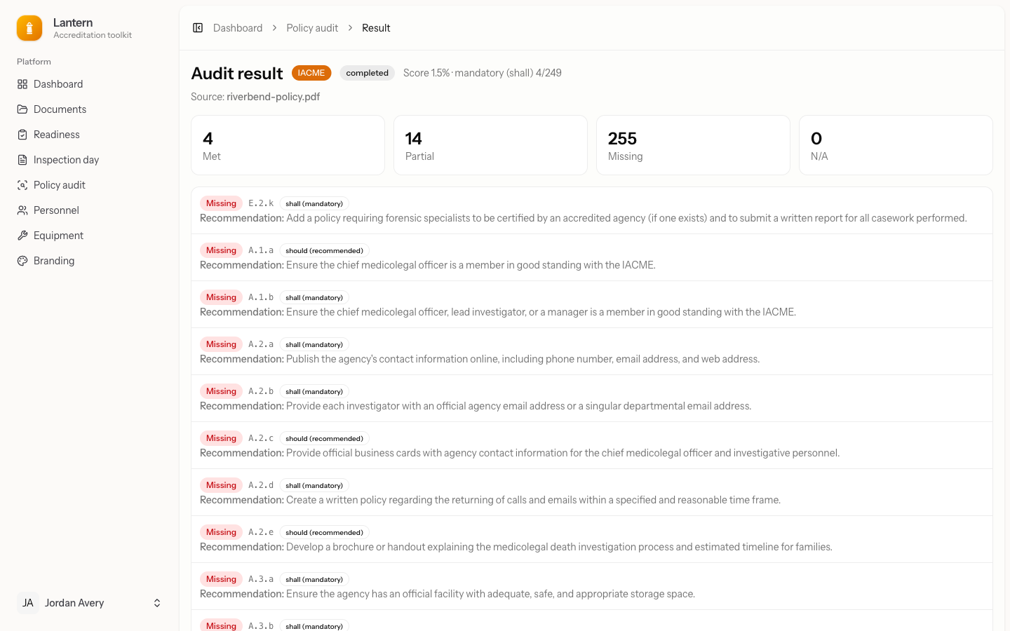 Lantern policy audit result showing met, partial and missing standards