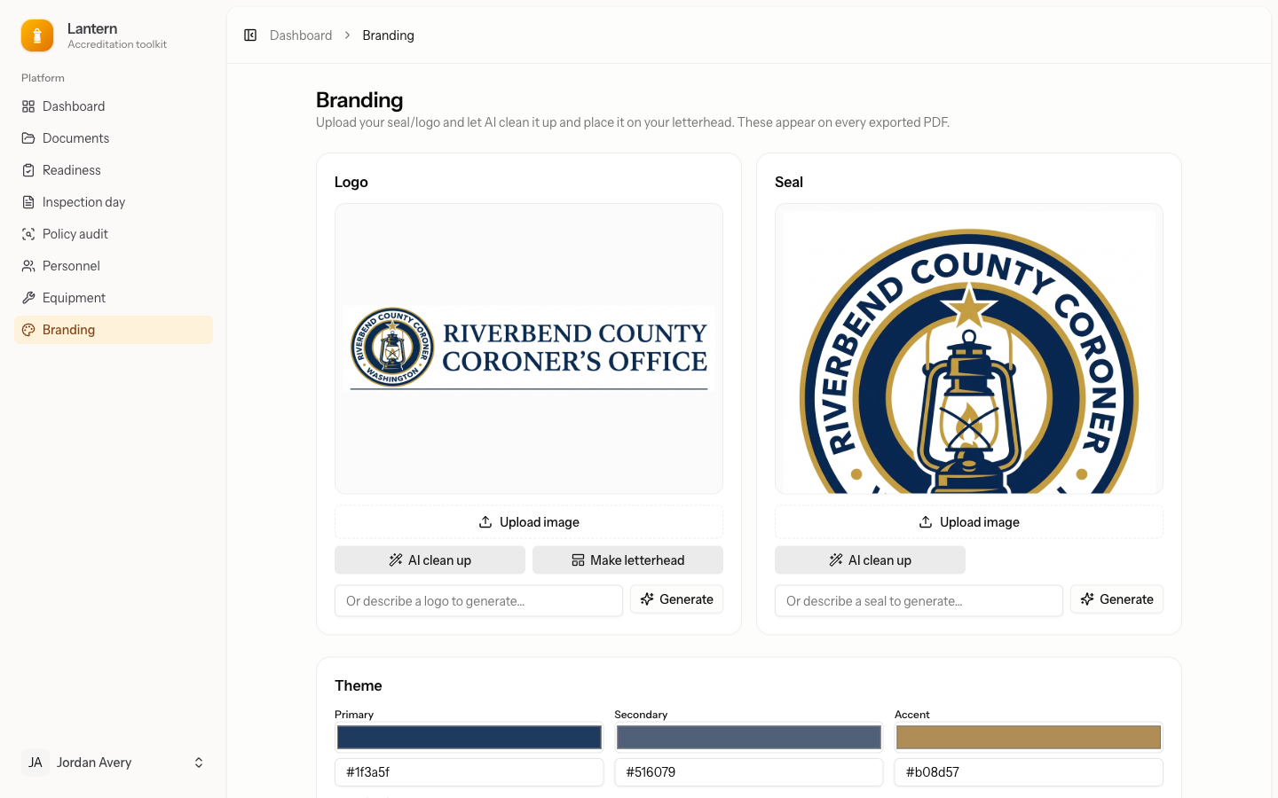 Branding page with an office seal and an AI-composed letterhead