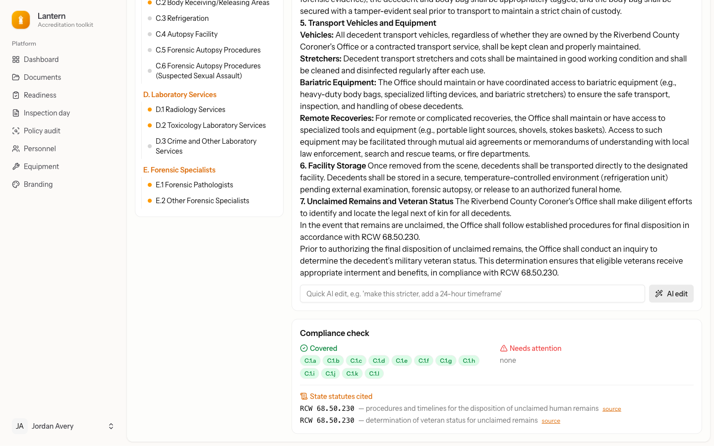 Compliance check panel listing cited state statutes with sources
