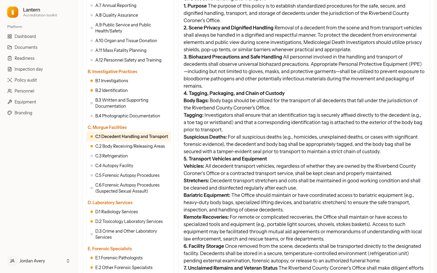 Lantern policy builder drafting a Decedent Handling and Transport section with statute citations