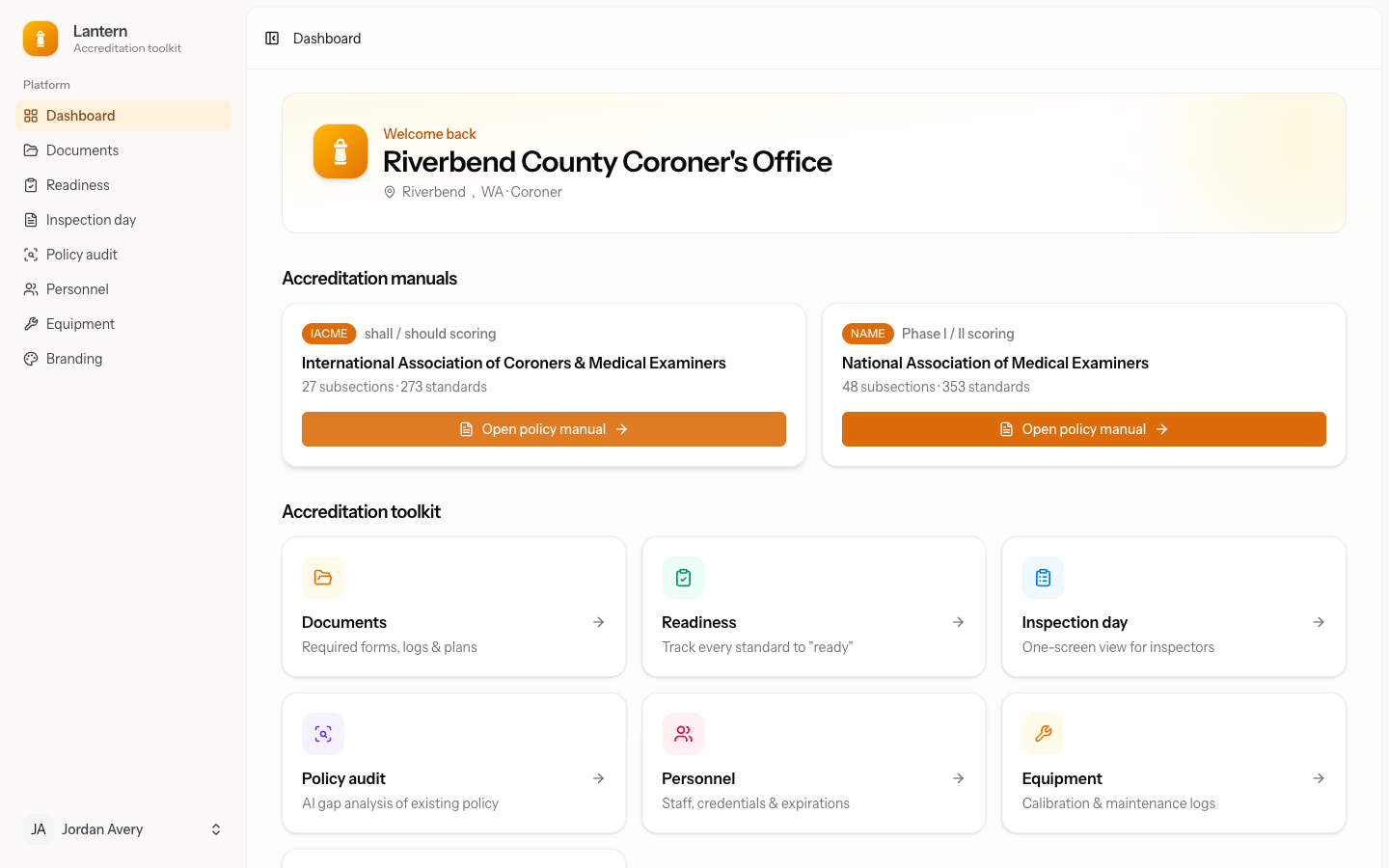 Lantern dashboard for a coroner's office showing IACME and NAME accreditation manuals and toolkit